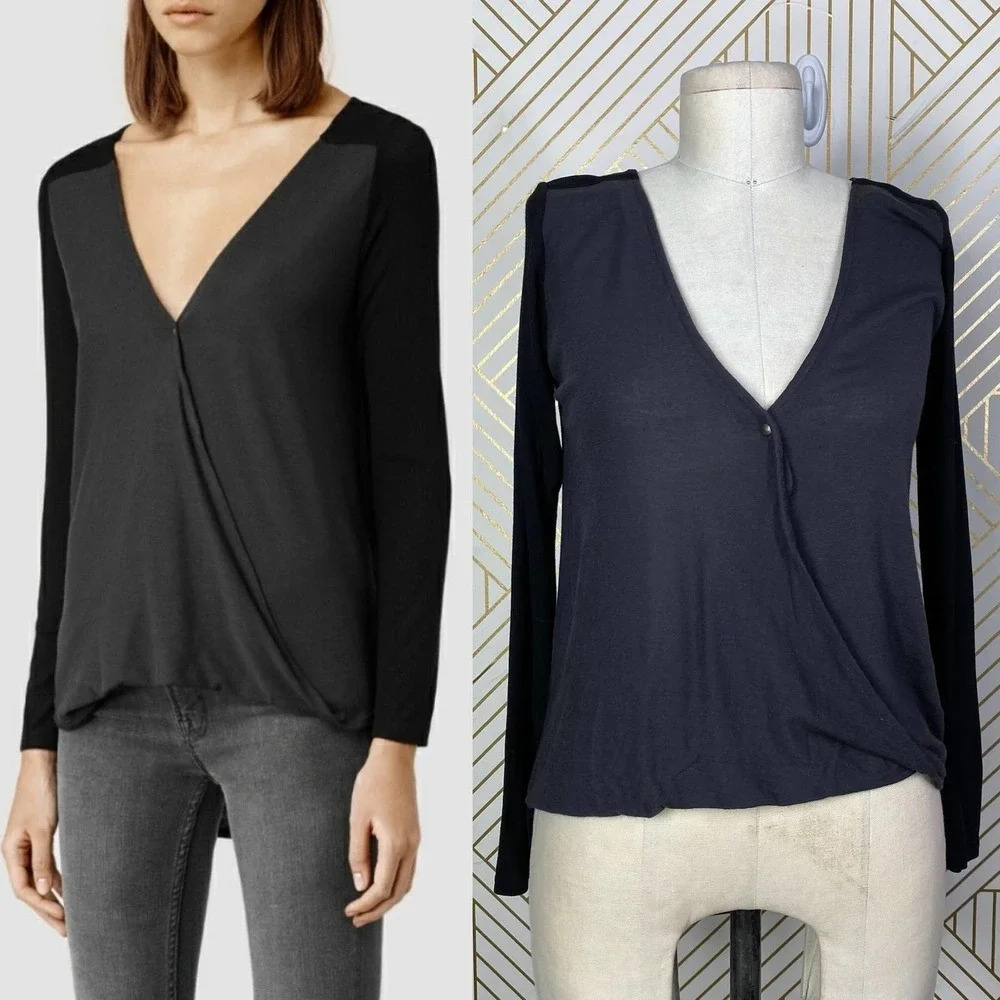 AllSaints Bow Wrap Top Blouse Shirt Long Sleeve Hi-Low Hem Black Gray Size US XS